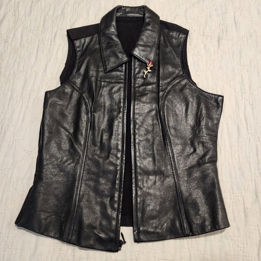 Leather Zip UP Vest in Black with Rose Pin